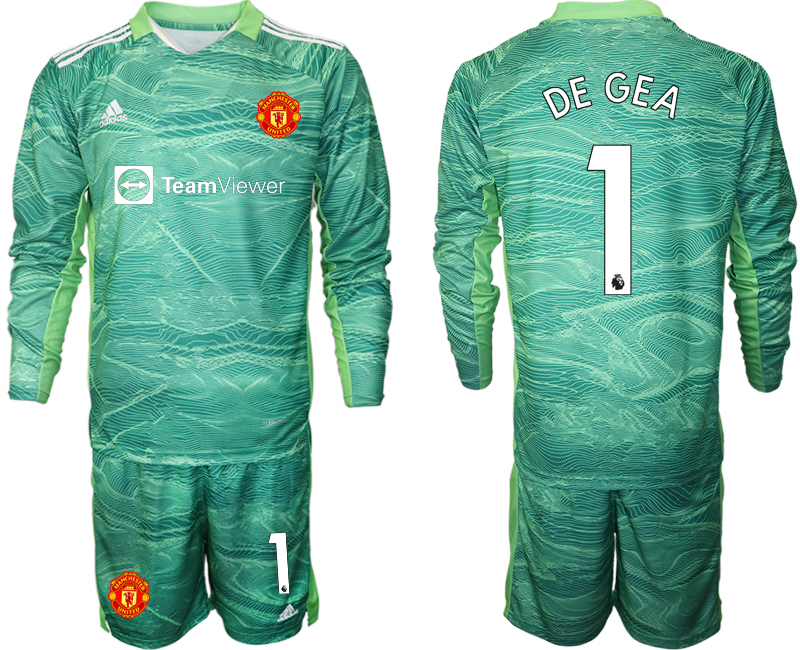 Men 2021-2022 Club Manchester United green goalkeeper Long Sleeve #1 Soccer Jersey